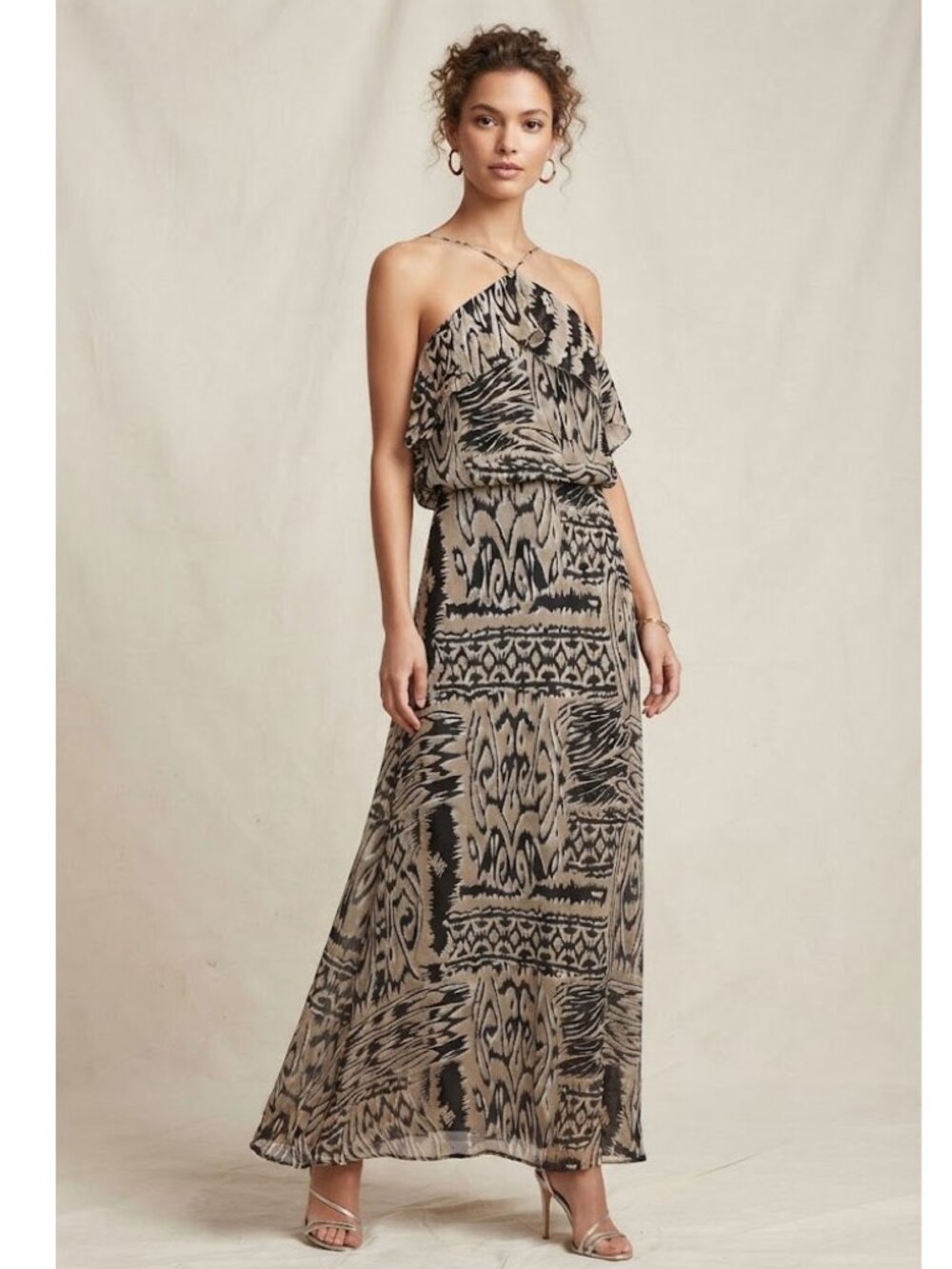 BCBGMAXAZRIA Black Combo 100% Silk Chiffon Halter Ruffle Maxi Dress